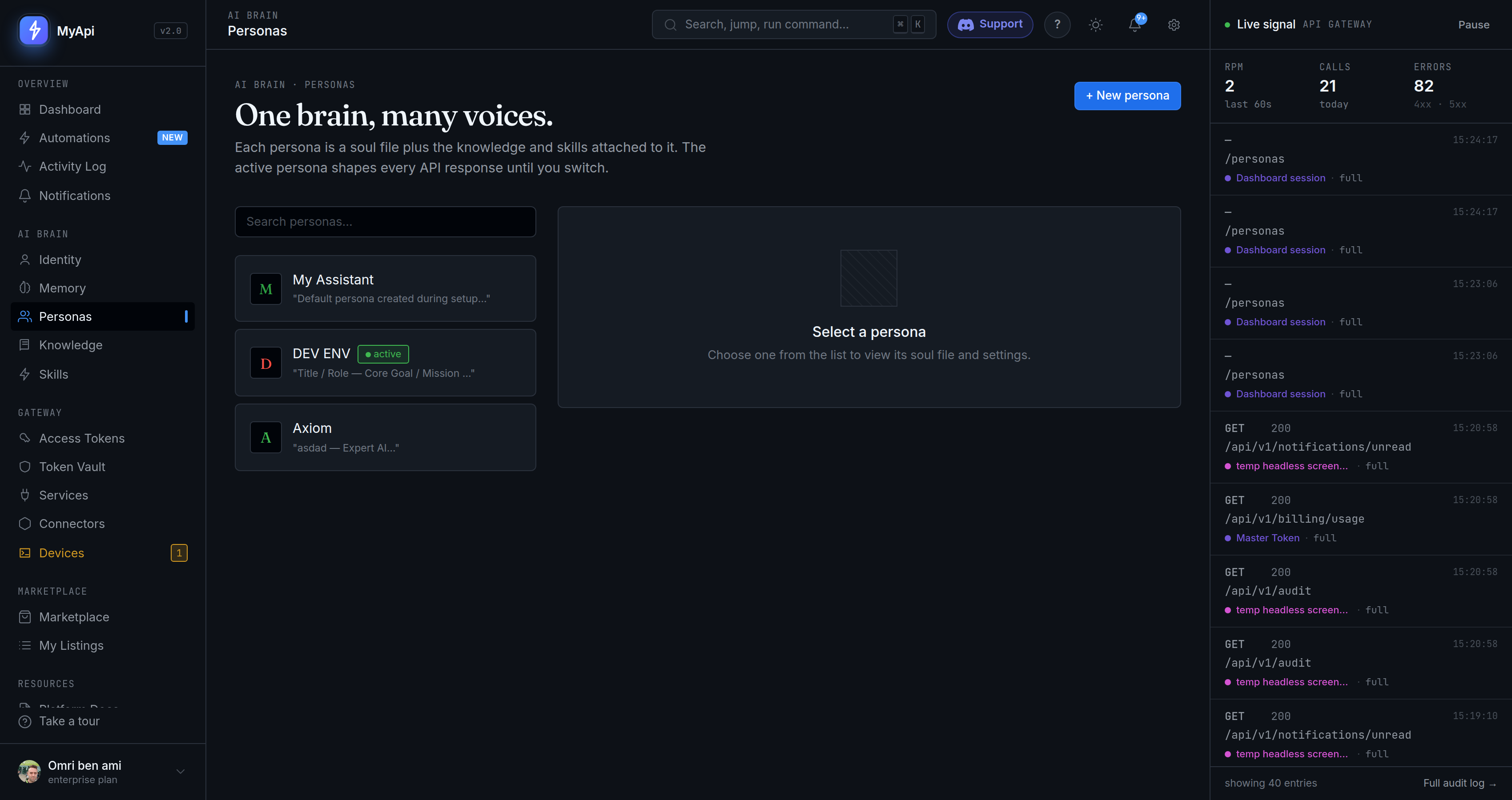 MyApi personas — AI profiles available to assign to agents